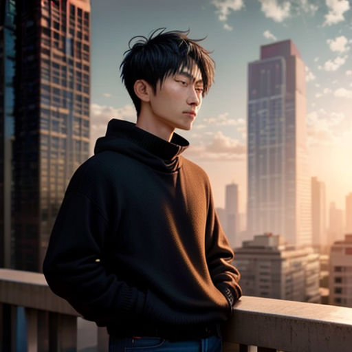 a man standing on a balcony with a city in the background and a sky line in the foreground
