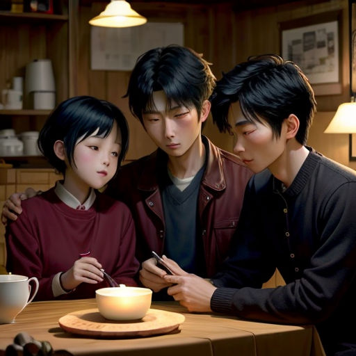 three people sitting at a table looking at a cell phone and a cup of coffee in front of them