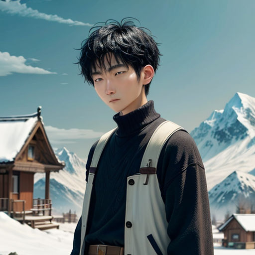 a man standing in front of a mountain with a house in the background and a snow covered mountain behind him
