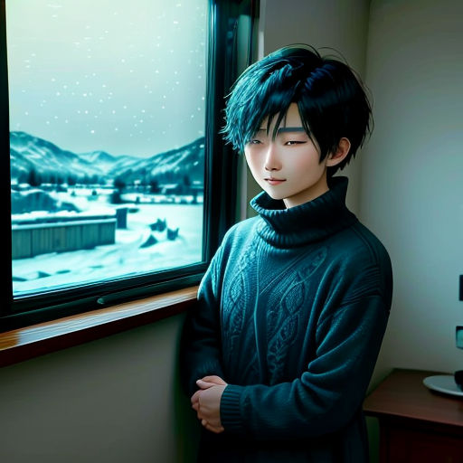 a man standing in front of a window looking out at the snow covered mountains outside of the window,