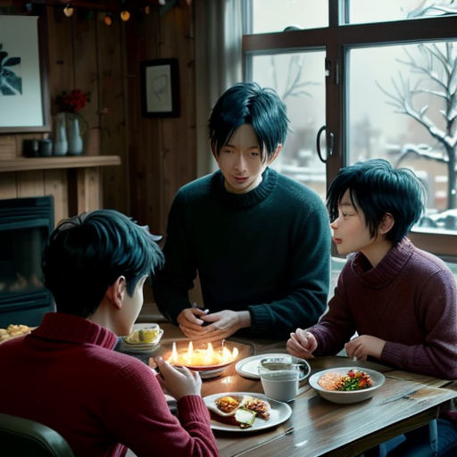 a group of people sitting around a table with food on it and a lit candle in the middle of the table