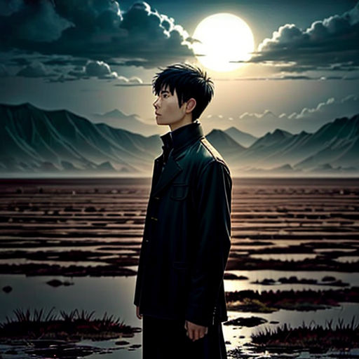 a man standing in front of a full moon in a field of water and grass with mountains in the background