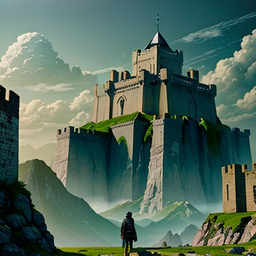 a man standing on a hill looking at a castle in the sky with a person standing on the hill