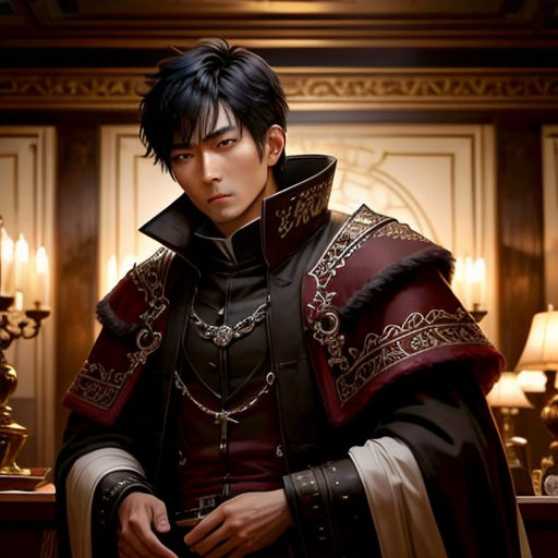 a man in a black and red outfit standing in a room with a lamp on the wall and a chandelier