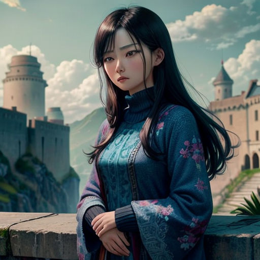 a woman in a blue dress standing on a balcony next to a castle with a castle in the background