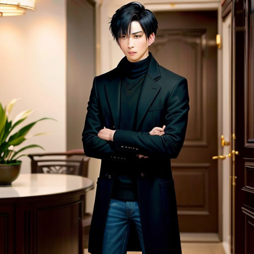a man in a black coat standing in a room with a plant in the corner of the room and a door in the background