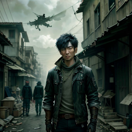 a man standing in a alley with a plane flying overhead in the sky above him and a group of people walking down the street