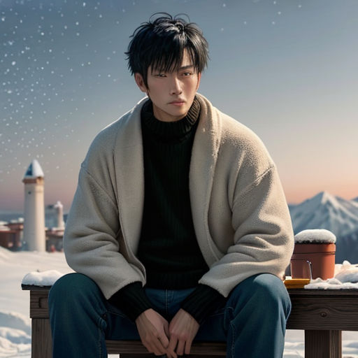 a man sitting on a bench in the snow with a sky background and stars in the sky above him