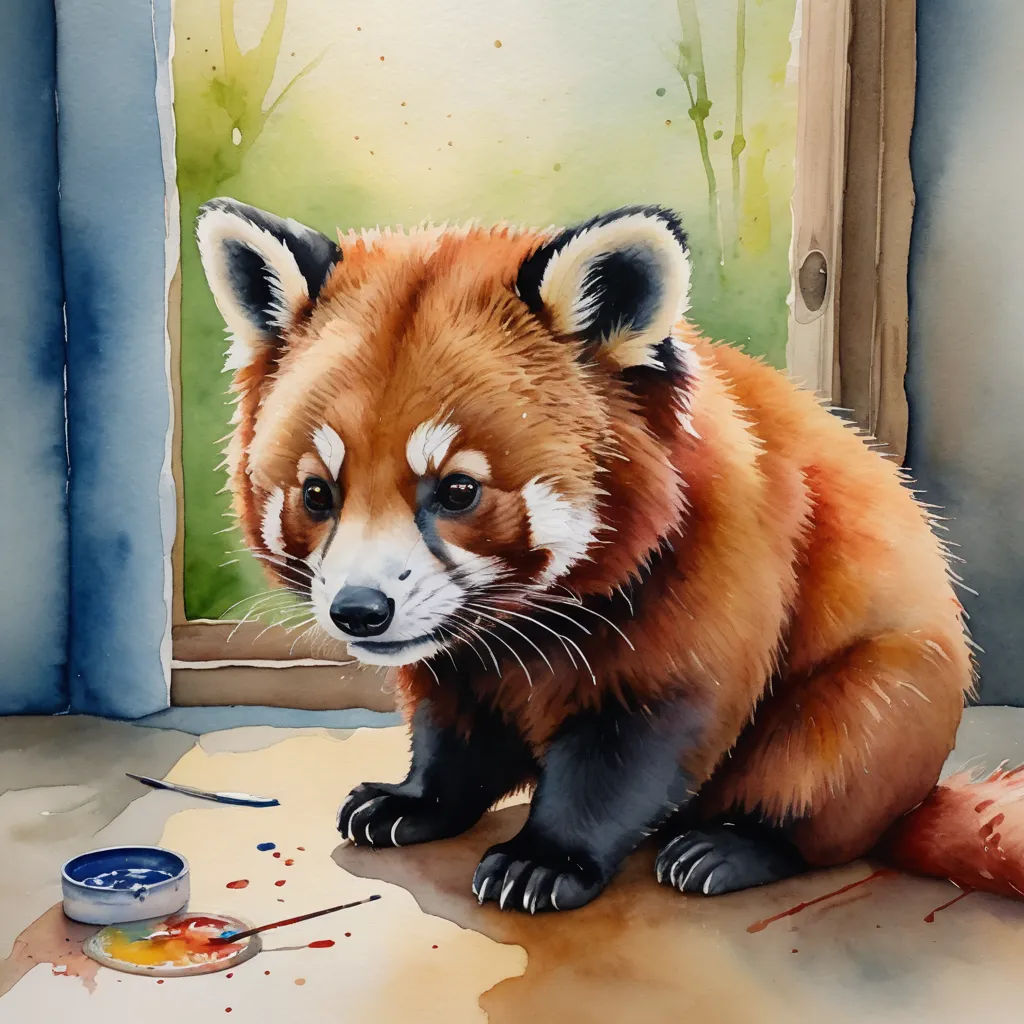 a painting of a red panda sitting on the ground next to a paintbrush and a paint can with a paintbrush in it, cloisonnism, a watercolor painting, artist, watercolor