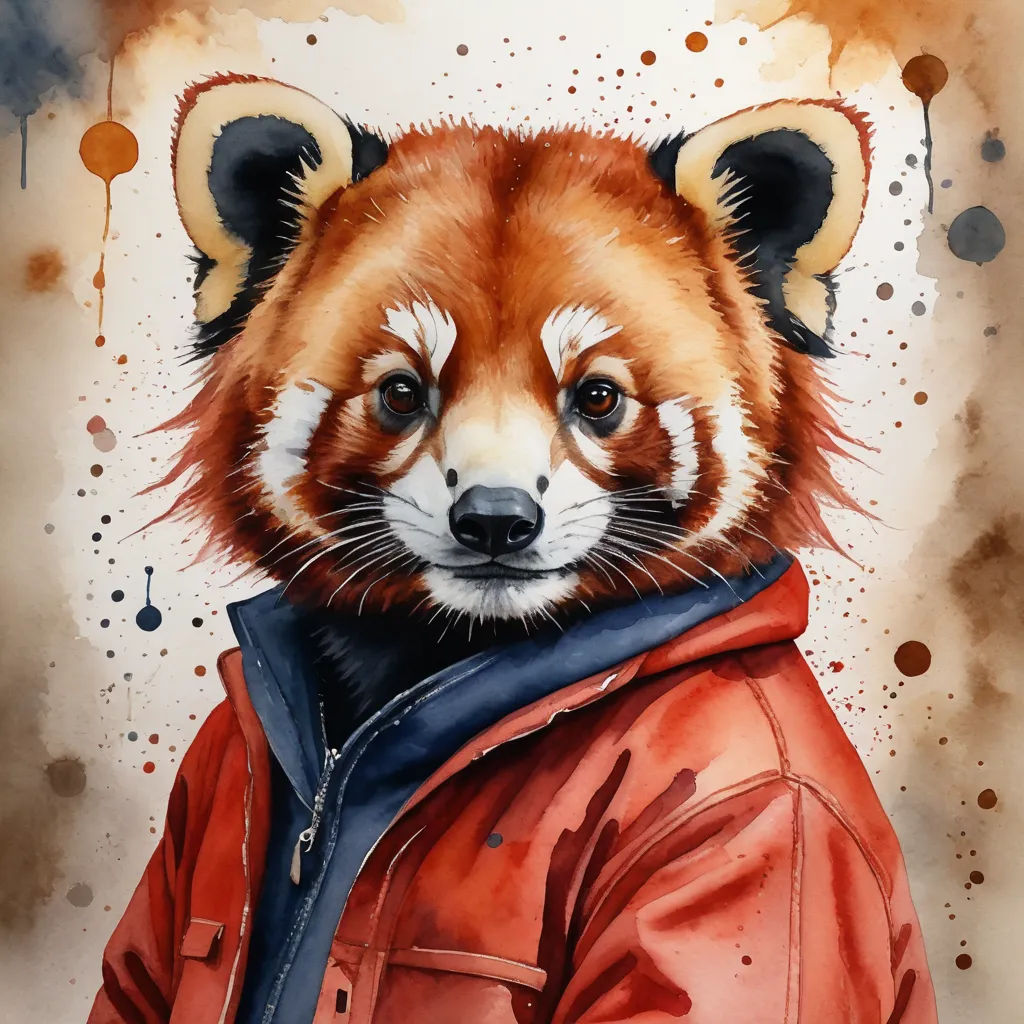 a painting of a red panda wearing a red jacket and blue jacket with a black hoodie on it, furry art, a watercolor painting, Esao Andrews, in gouache detailed paintings