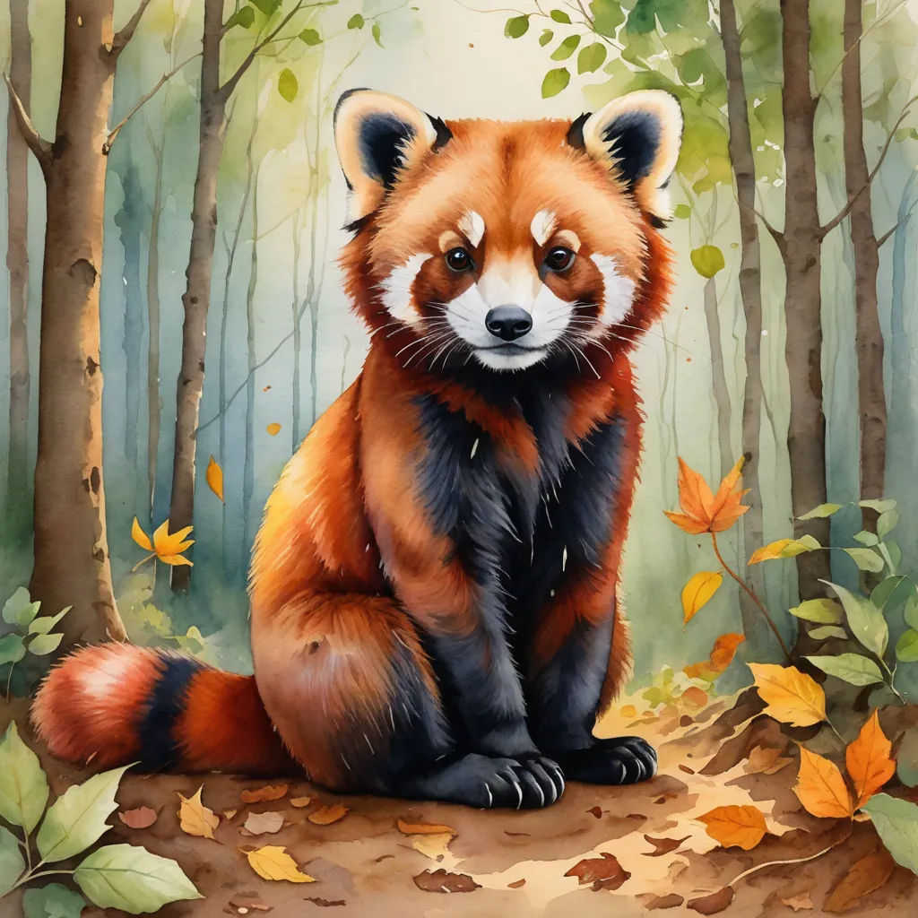 a painting of a red panda sitting in the woods with leaves around him and looking at the camera with a sad look on his face, furry art, a digital painting, ESAO, professional digital painting