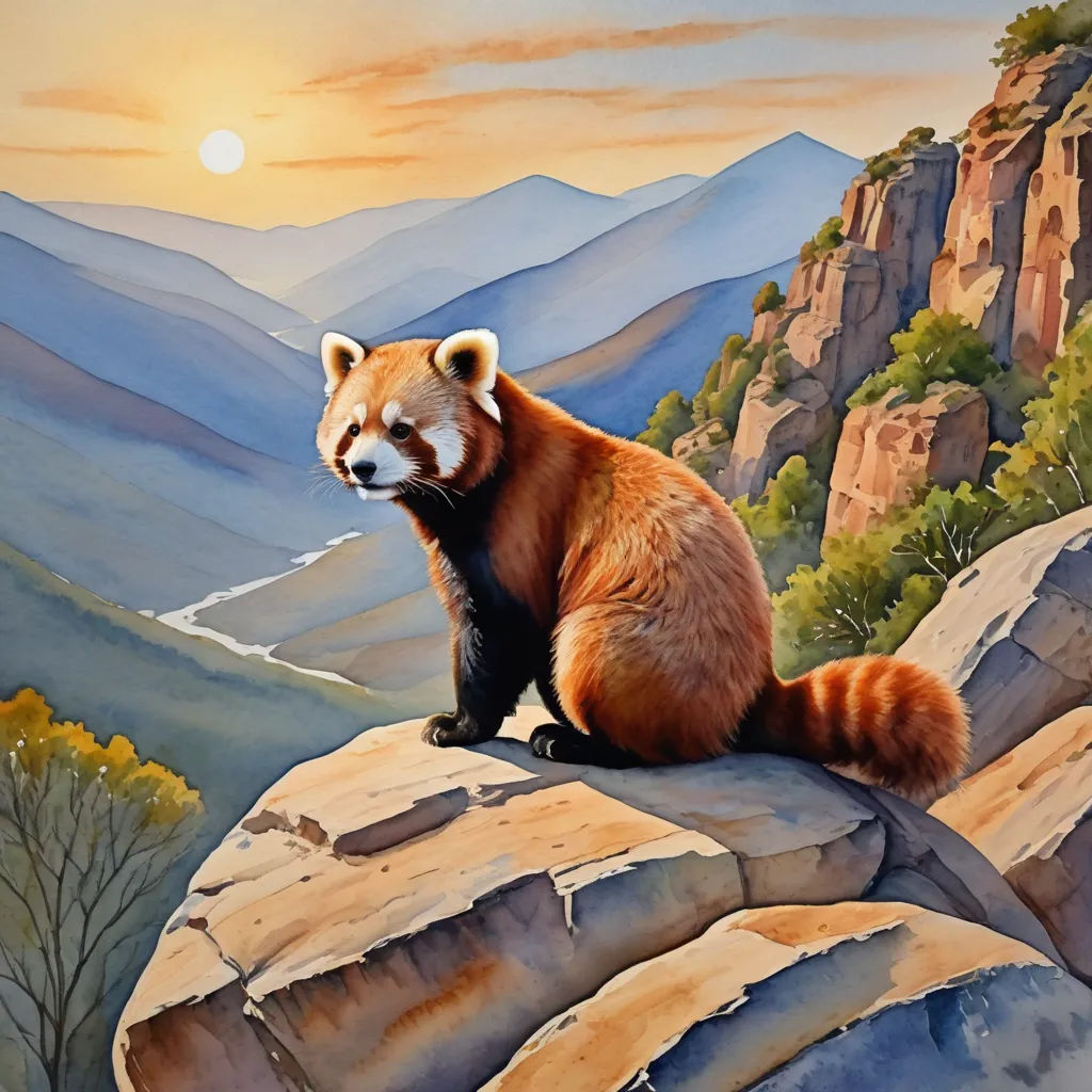a painting of a red panda sitting on a rock looking out over a valley and mountains at sunset with a mountain range in the background, furry art, an airbrush painting, Chris LaBrooy, professional digital painting