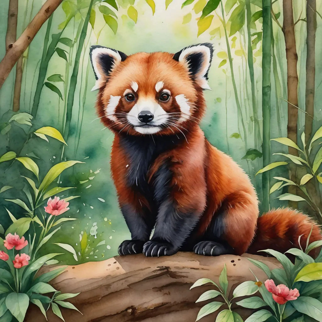 a painting of a red panda sitting on a log in a forest with flowers and trees around it, with a green background, cloisonnism, an airbrush painting, Chris LaBrooy, professional digital painting