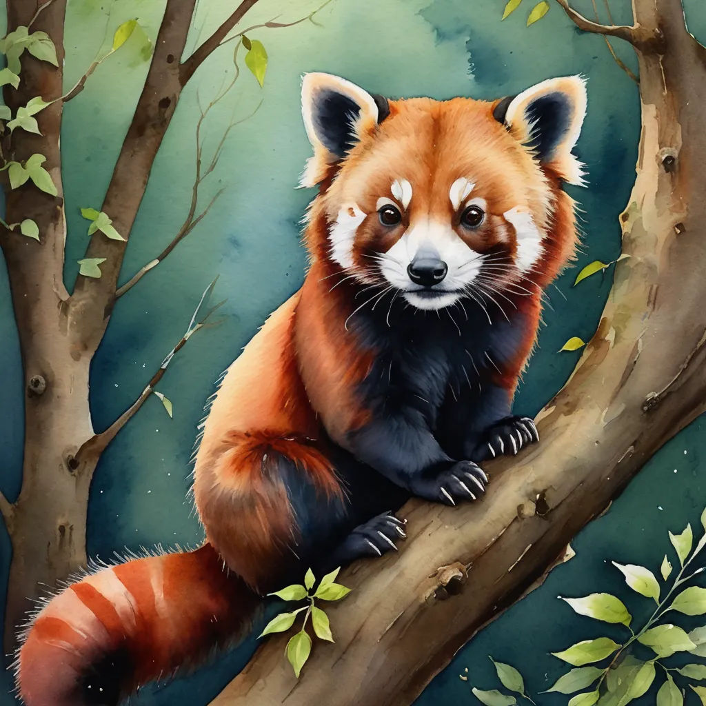 a painting of a red panda sitting on a tree branch with leaves around it's edges and eyes, digital art, a digital painting, Chris LaBrooy, highly detailed digital painting