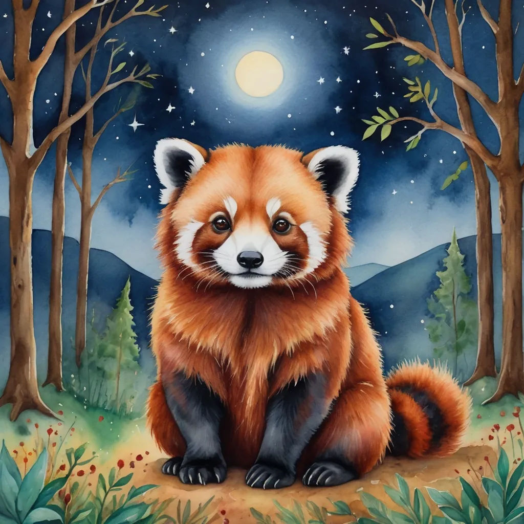 a painting of a red panda sitting in the woods at night with a full moon in the background and stars in the sky, pop surrealism, an airbrush painting, Chris LaBrooy, night sky