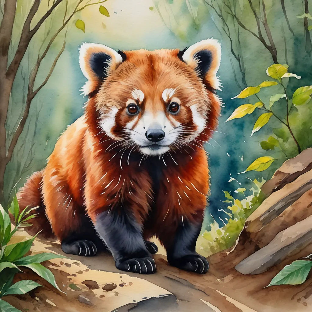 a painting of a red panda sitting on a tree branch in a forest with leaves and rocks, with a green background, cloisonnism, an airbrush painting, Chris LaBrooy, professional digital painting