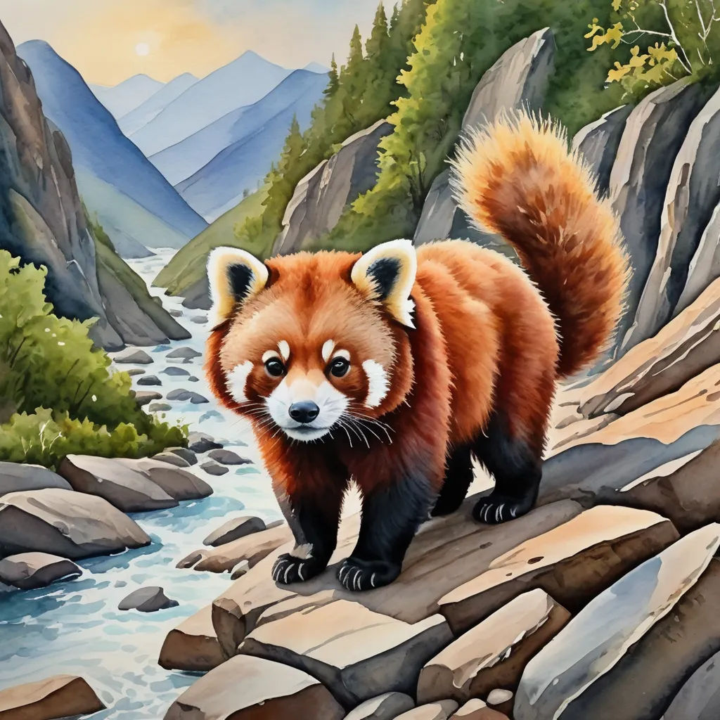 a painting of a red panda standing on a rock next to a river and mountains in the background with a full moon, furry art, an airbrush painting, Chris LaBrooy, professional digital painting