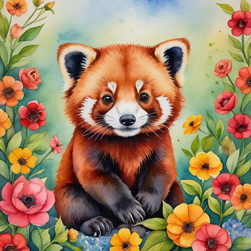 a painting of a red panda surrounded by flowers and leaves, with a blue sky in the background and a blue sky in the background, cloisonnism, a watercolor painting, ESAO, in gouache detailed paintings