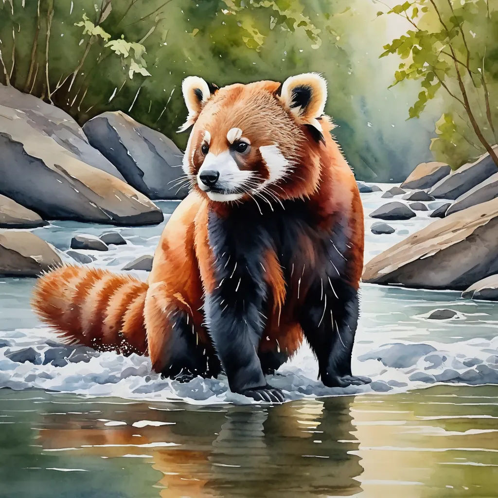 a painting of a red panda standing in a river with rocks and trees in the background and water running through it, cloisonnism, a watercolor painting, Chen Hong, highly detailed digital painting