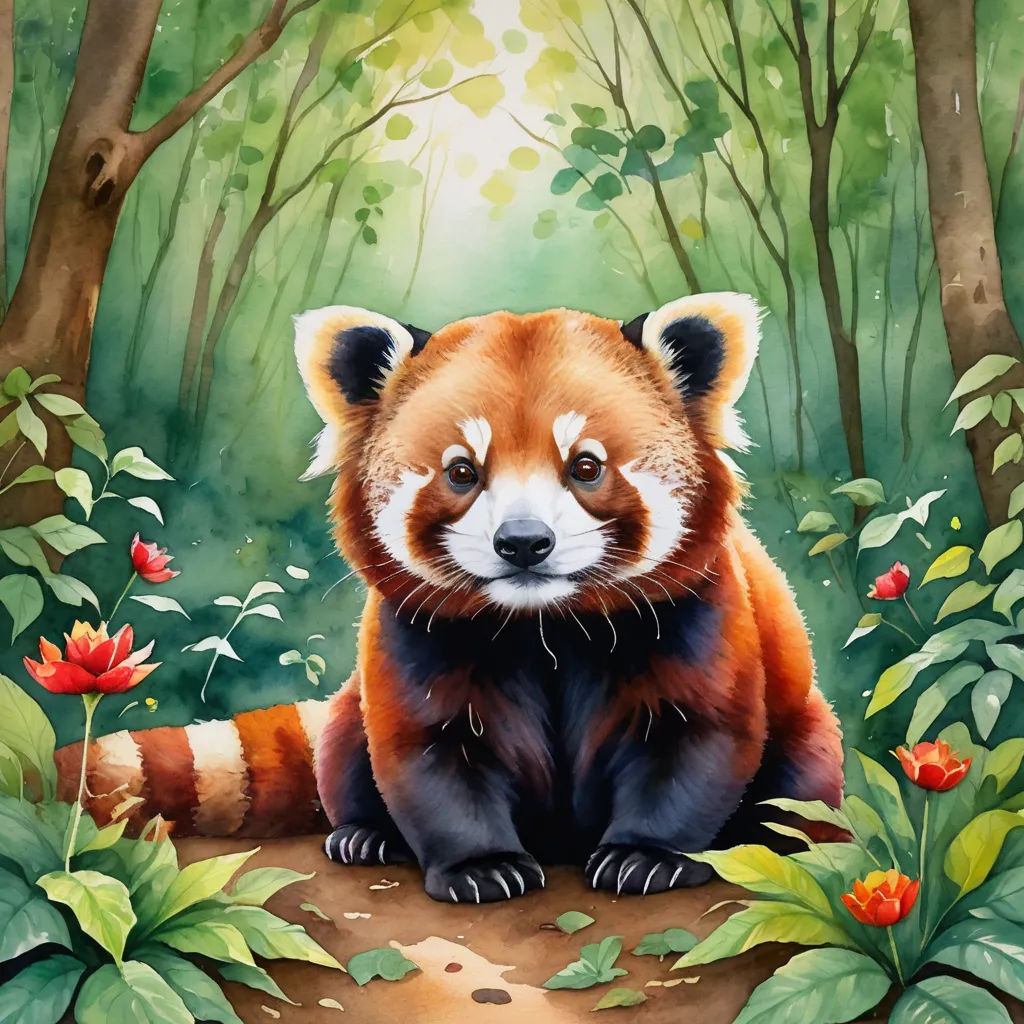 a painting of a red panda sitting in the woods with flowers and trees around it's edges and a green background, fantasy art, a digital painting, Chris LaBrooy, professional digital painting