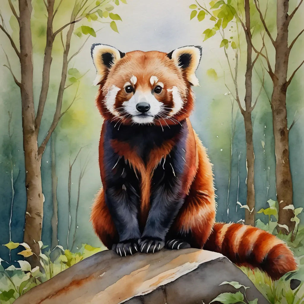 a painting of a red panda sitting on a rock in the woods with trees in the background and a blue sky, cloisonnism, a watercolor painting, ESAO, watercolor