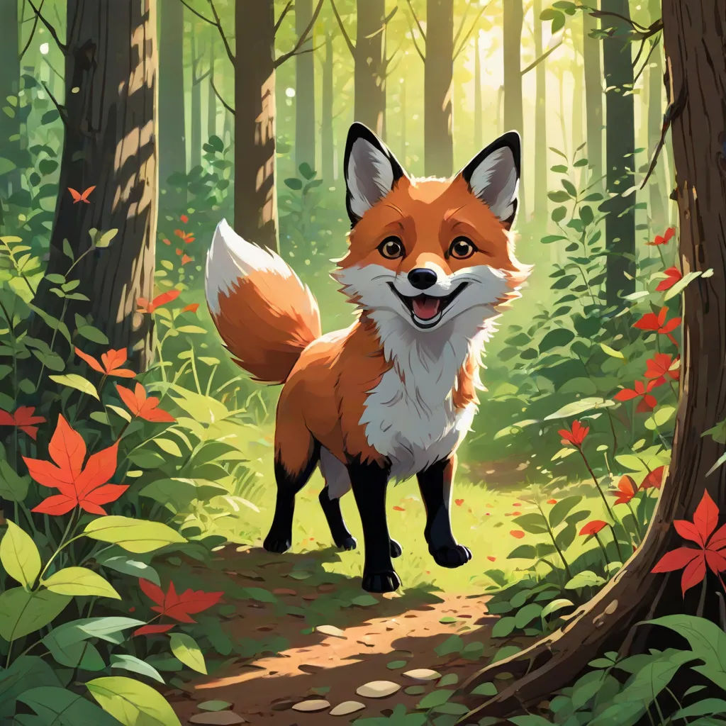 a red fox standing in a forest with flowers and trees around it's edges and a path leading to it, Chris LaBrooy, furry art, a storybook illustration, official art