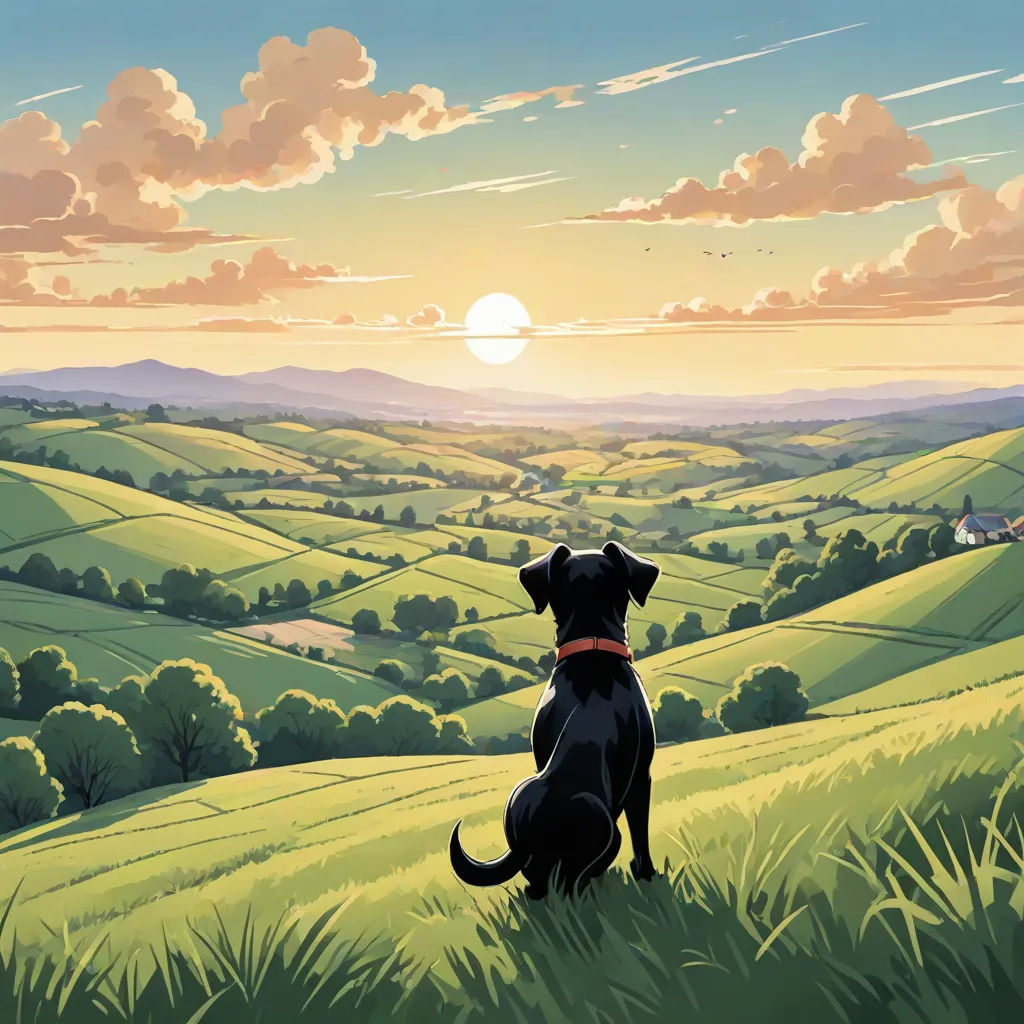 a dog sitting on a hill looking at the sunset with a beautiful view of the countryside behind him and a bird flying in the sky, David Brewster, american scene painting, a comic book panel, official art