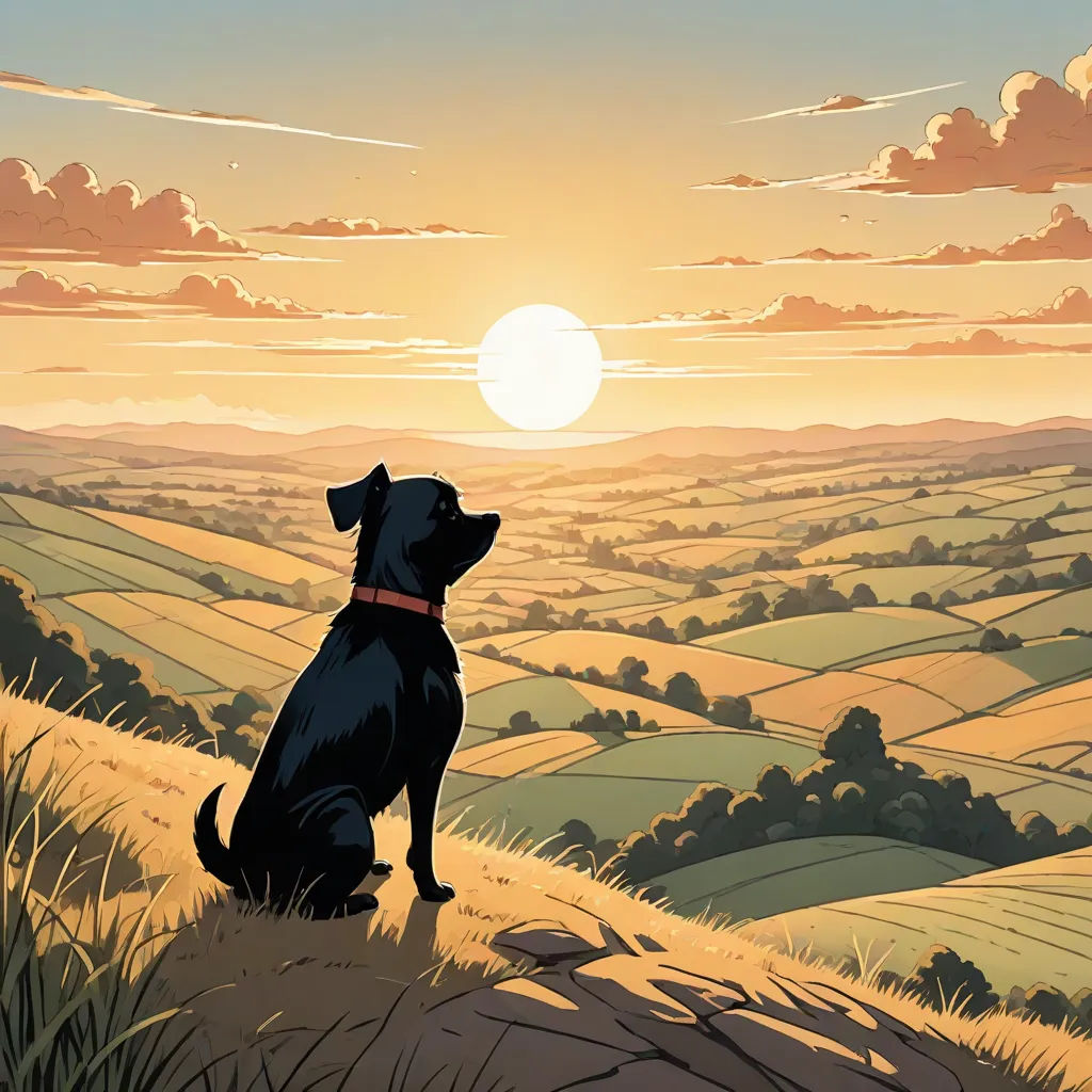 a dog sitting on a hill watching the sun set over a valley with rolling hills and rolling grass, with a dog looking out at the horizon, Asaf Hanuka, furry art, a comic book panel, comic cover art