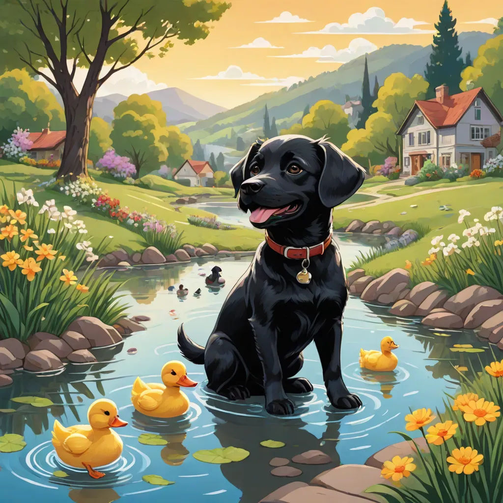 a black dog sitting in a pond with ducks in it and a house in the background with yellow flowers, Chris LaBrooy, american scene painting, a storybook illustration, storybook illustration