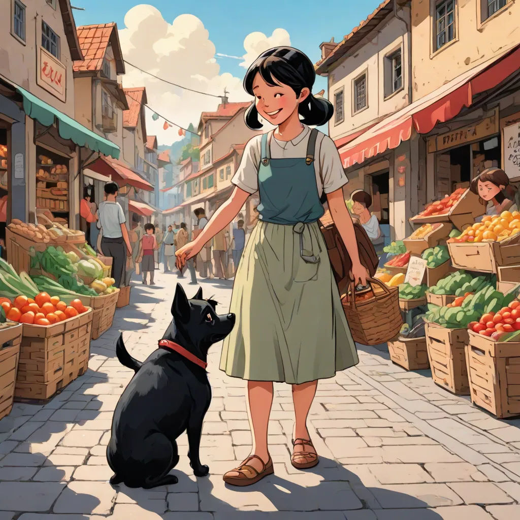 a woman in a dress and a dog on a street with a market in the background and people walking around, Asaf Hanuka, art & language, a storybook illustration, official art