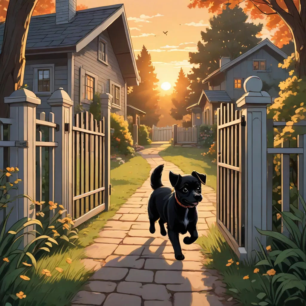 a dog running down a path towards a house with a gate and a gated in area with a gate and a house, Evgeny Lushpin, american scene painting, a comic book panel, kinkade