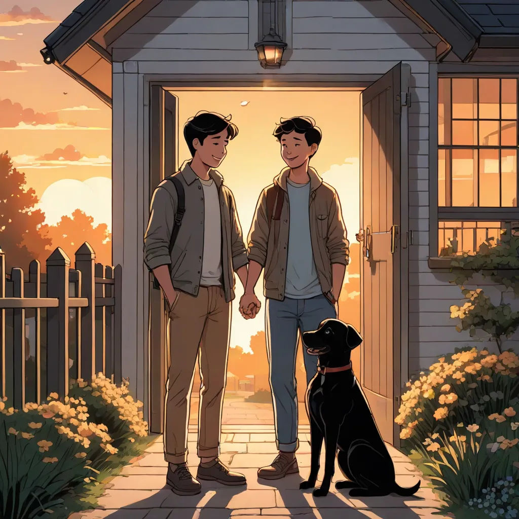 two men standing in front of a house with a dog on the front porch and a dog on the ground, David Park, private press, a comic book panel, official art