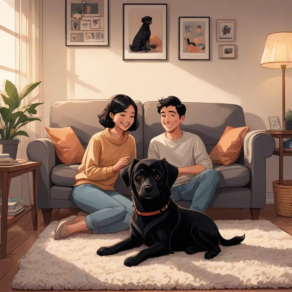 a couple sitting on a couch with a dog in front of them and a dog laying on the floor, Atey Ghailan, art & language, a storybook illustration, official art