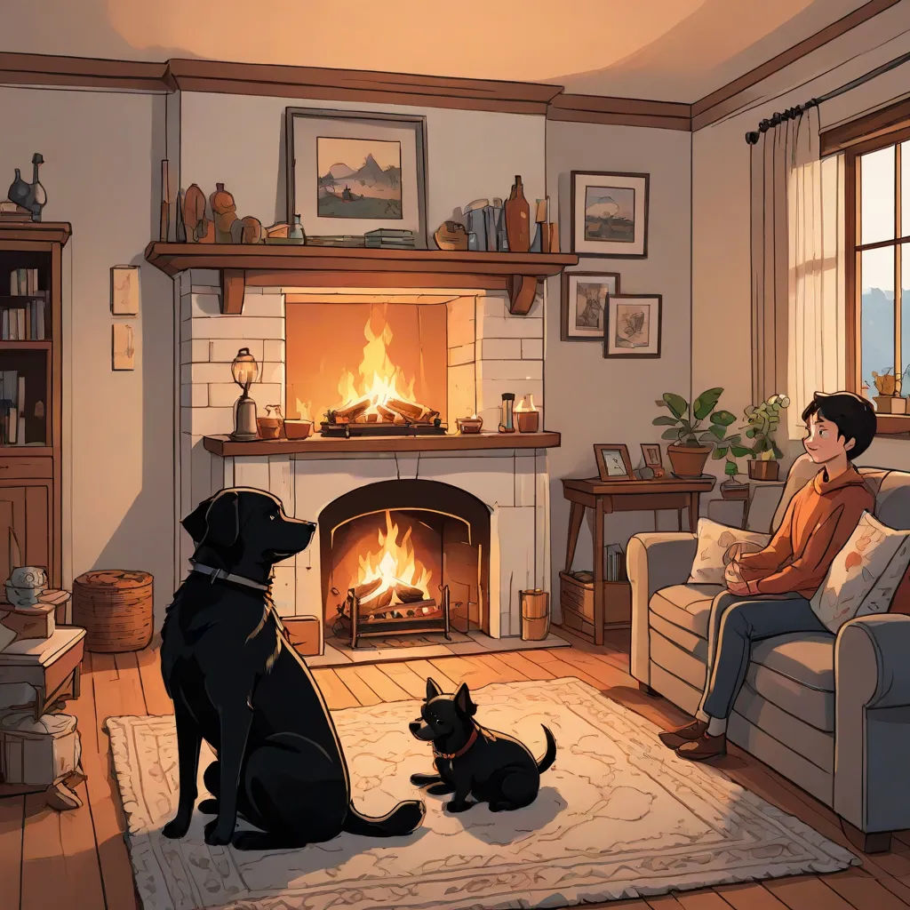 a boy sitting in a chair next to a dog in front of a fireplace with a fire place in it, David Brewster, sots art, a storybook illustration, official art
