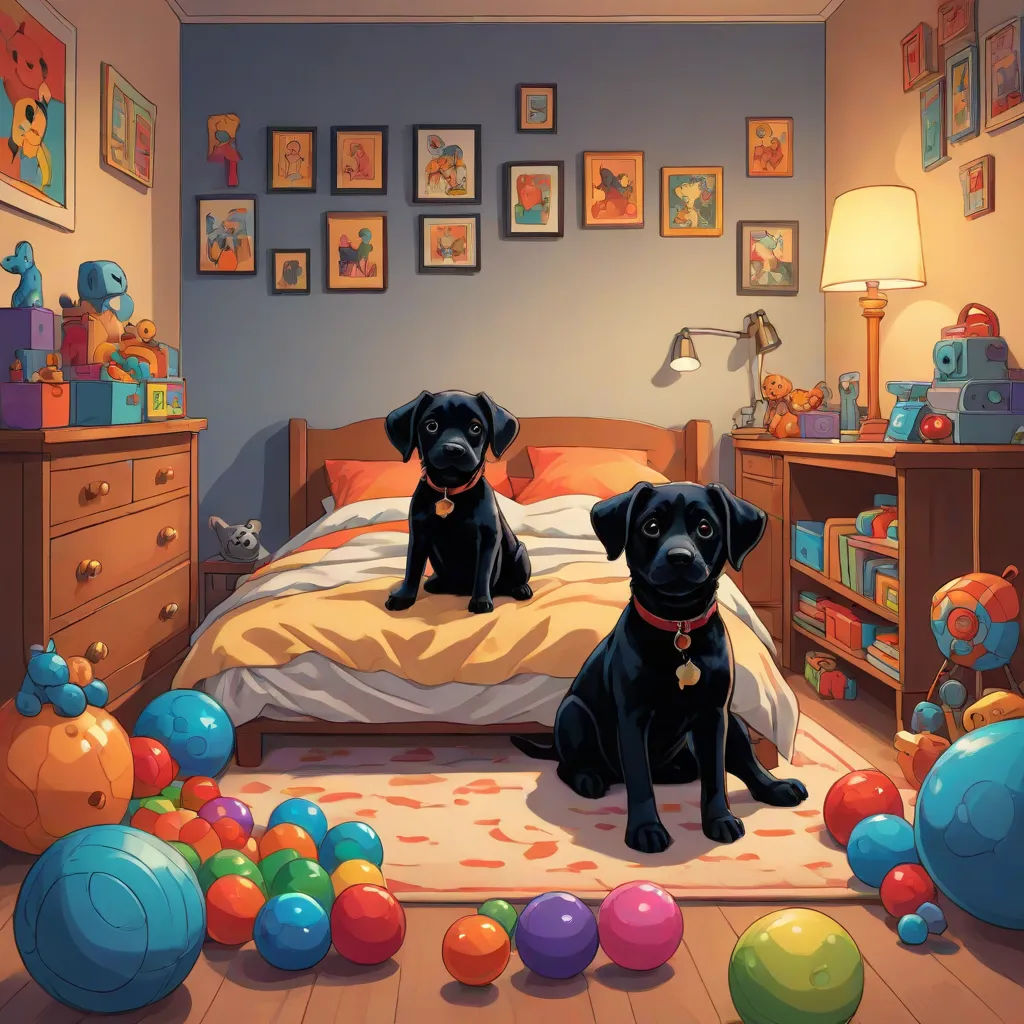 two black dogs sitting on a bed in a room with balloons and toys on the floor and a rug, Dan Mumford, furry art, poster art, comic cover art