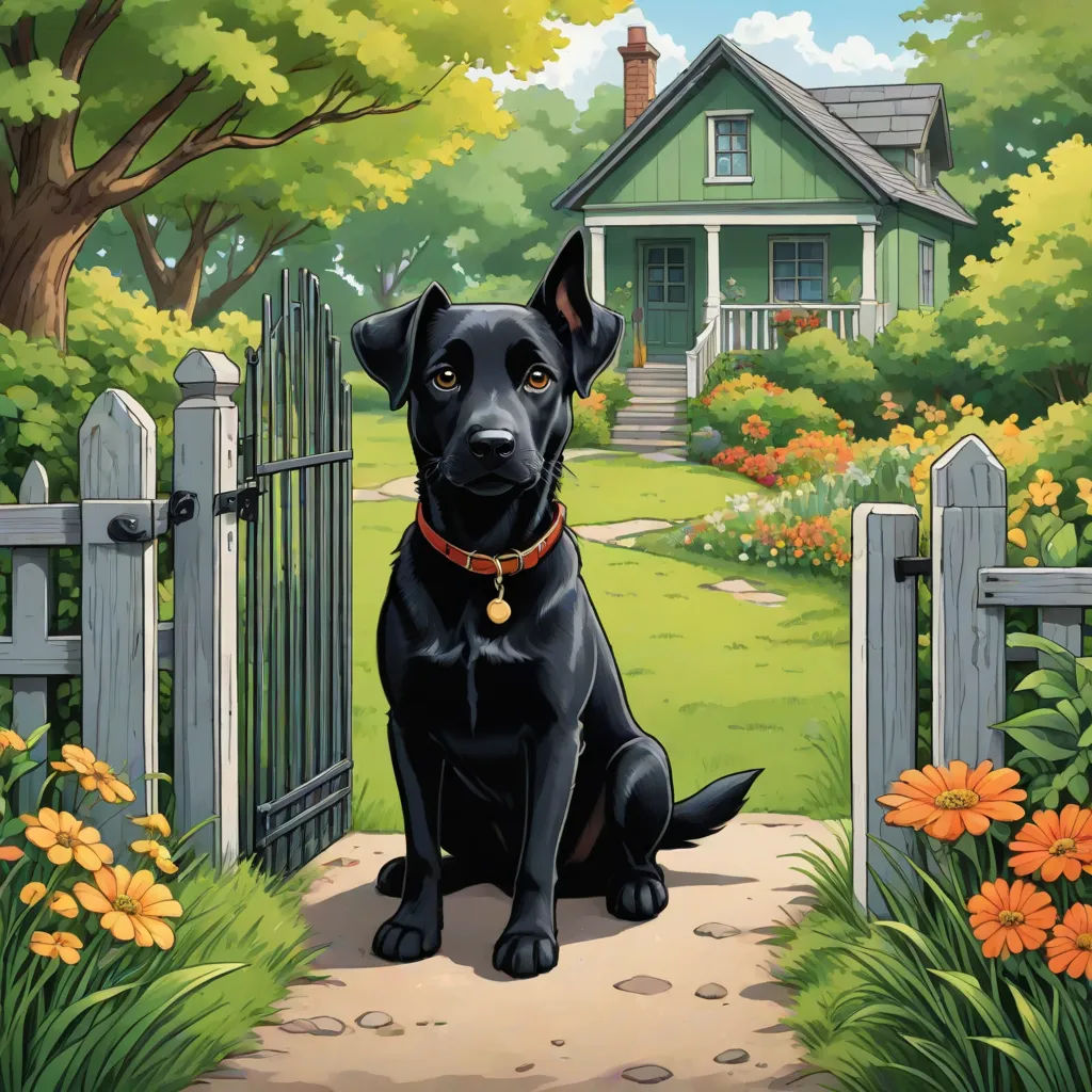 a black dog sitting in front of a gate with a house in the background and flowers around it,, David Brewster, american scene painting, a storybook illustration, storybook illustration