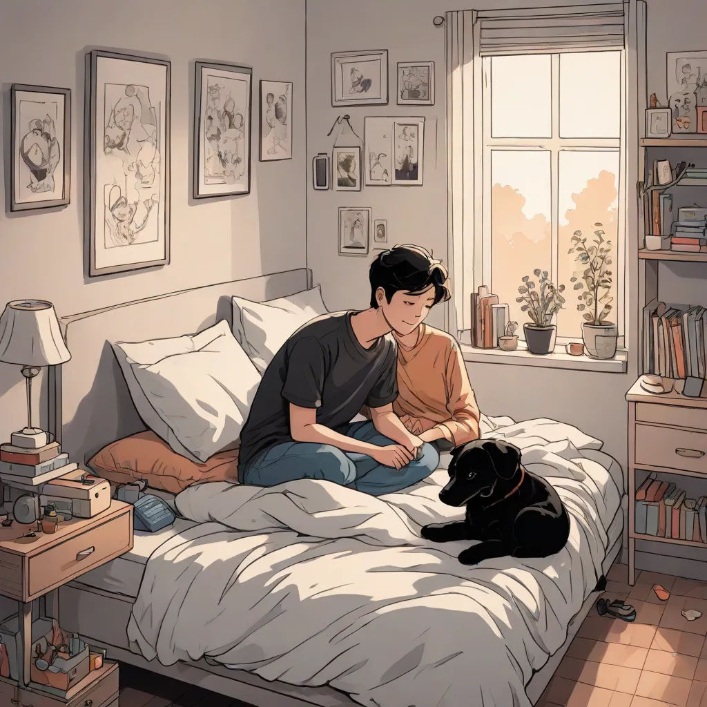 a man and a dog sitting on a bed in a bedroom with a window and a bookcase on the wall, Atey Ghailan, romanticism, a comic book panel, warm light