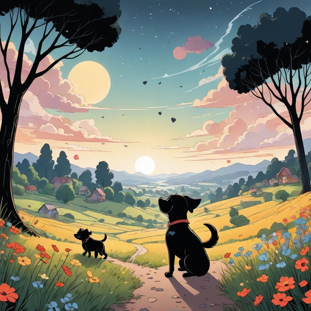a dog and a cat are sitting on a path in a field at sunset with a full moon in the sky, Dan Mumford, furry art, a storybook illustration, josan gonzales and dan mumford