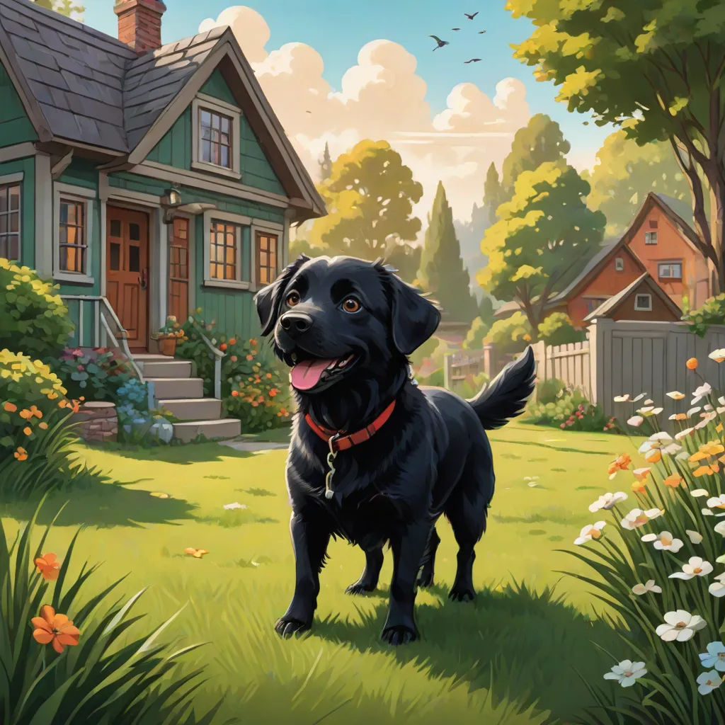 a black dog standing in a field of grass near a house and flowers in front of it and a bird flying overhead, Chris LaBrooy, american scene painting, a storybook illustration, official art
