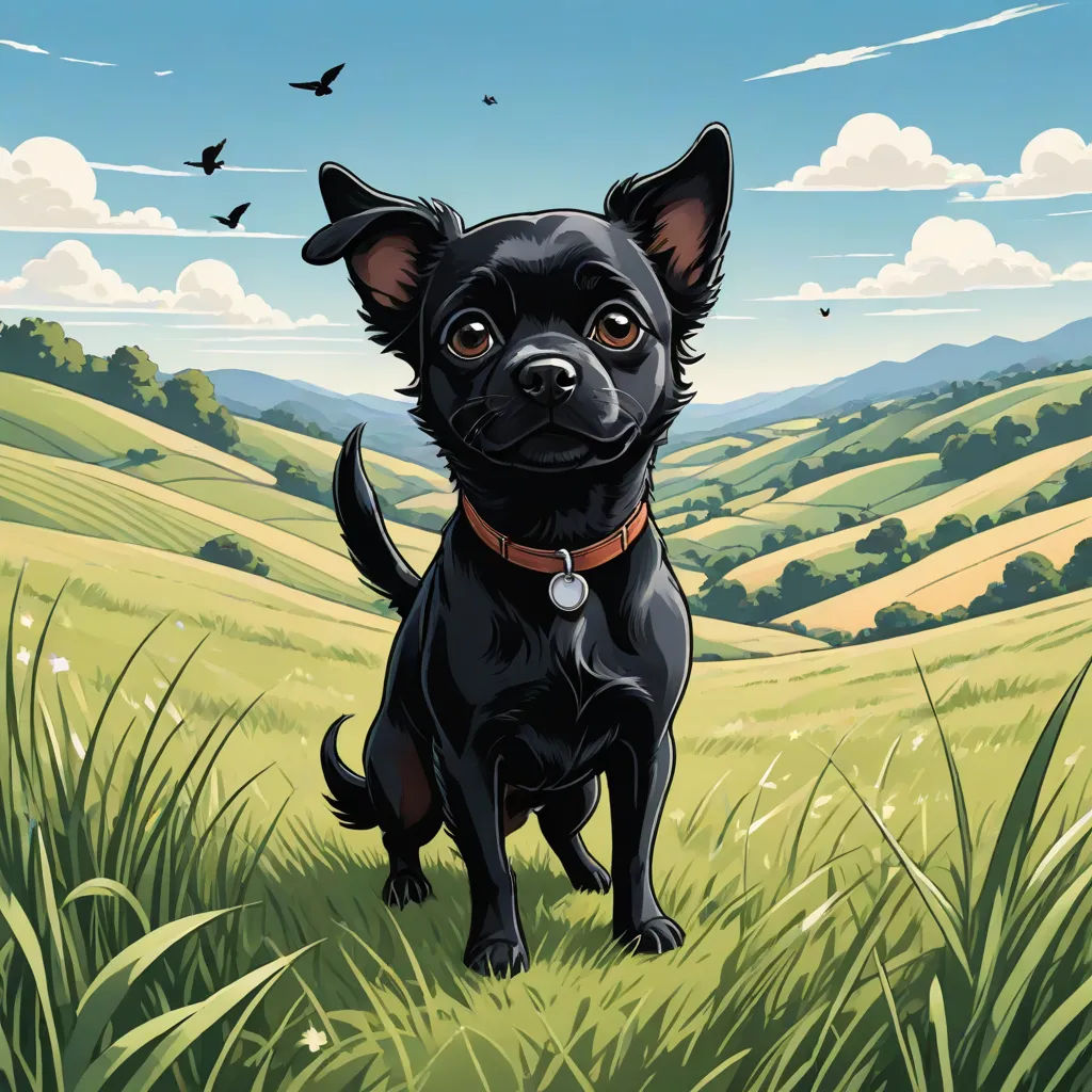 a black dog standing in a field of grass with a sky background and birds flying overhead in the sky, Dan Mumford, serial art, a storybook illustration, comic cover art