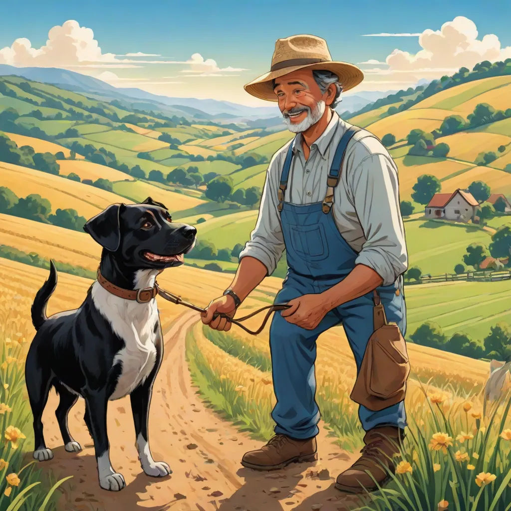 a man holding a dog on a leash on a dirt road in a field with a farm scene in the background, Dan Content, american scene painting, a storybook illustration, western comic book art