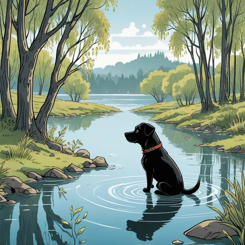 a black dog sitting in the water near a forest and a lake with rocks and grass on the shore, Asaf Hanuka, environmental art, a storybook illustration, cliff chiang