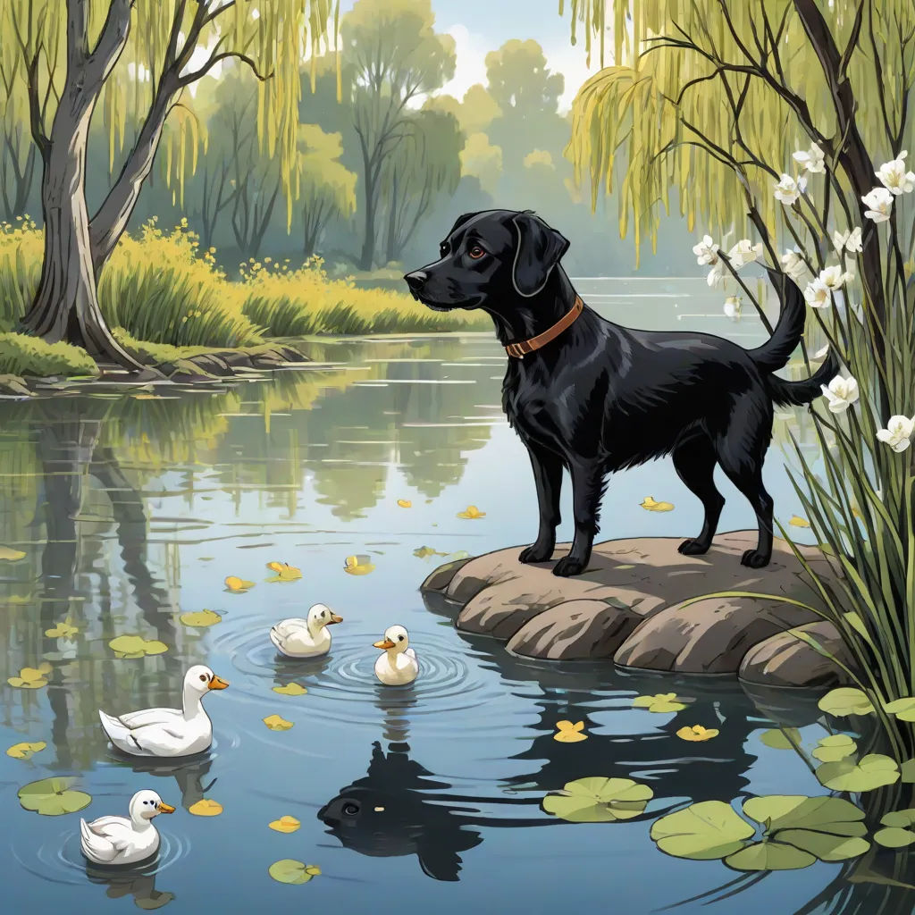 a black dog standing on a rock in a pond with ducks and lily pads in the water and trees, David Brewster, american scene painting, a storybook illustration, storybook illustration