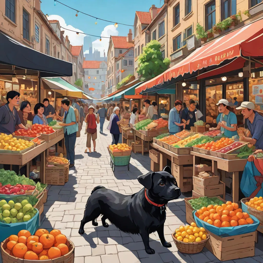 a black dog standing in front of a market filled with fruit and vegetables and people shopping in the background, Evgeny Lushpin, photorealism, a storybook illustration, official art
