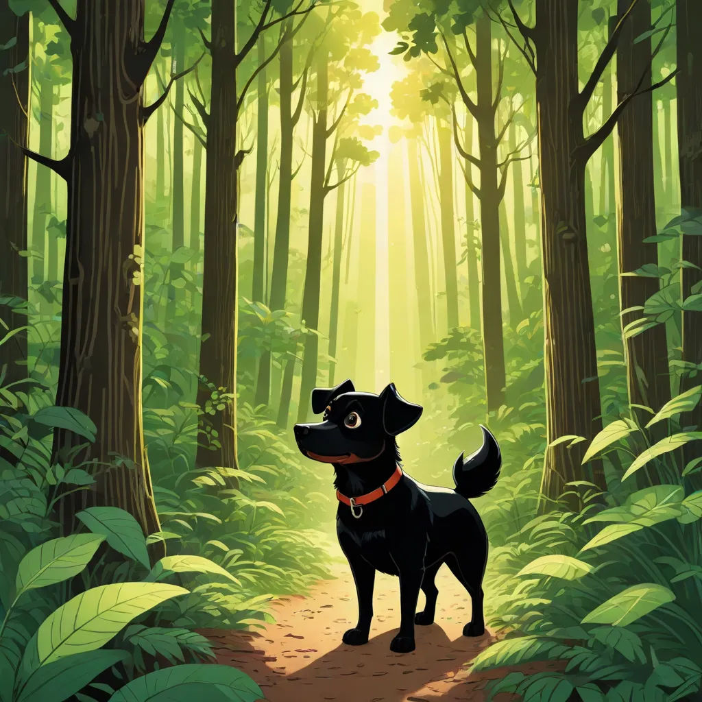 a black dog standing in the middle of a forest with a bright light coming through the trees behind him, Diego Gisbert Llorens, furry art, a storybook illustration, official art