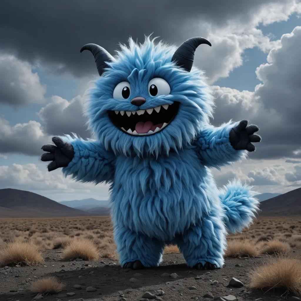 a blue furry monster standing in a desert field with a cloudy sky in the background and a mountain range in the background, furry art, a character portrait, Chris LaBrooy, promotional image