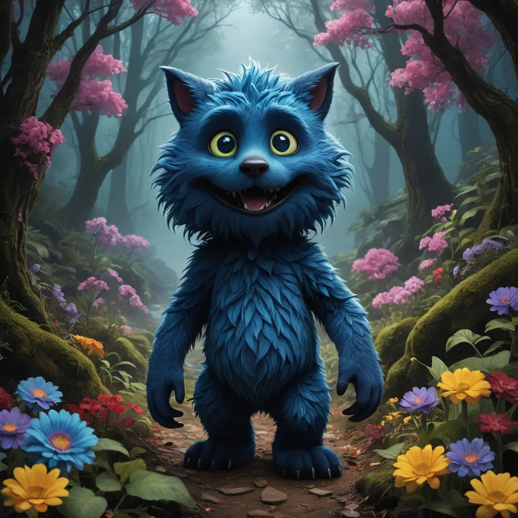 a blue furry cat standing in a forest with flowers and trees around it, with a full moon in the background, furry art, a character portrait, Chris LaBrooy, promotional image