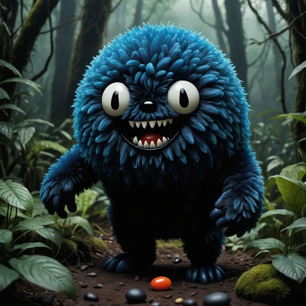 a blue monster with big eyes and big teeth standing in a forest with rocks and plants around it, with a ball in the foreground, pop surrealism, a character portrait, Chris LaBrooy, ultra realistic digital art