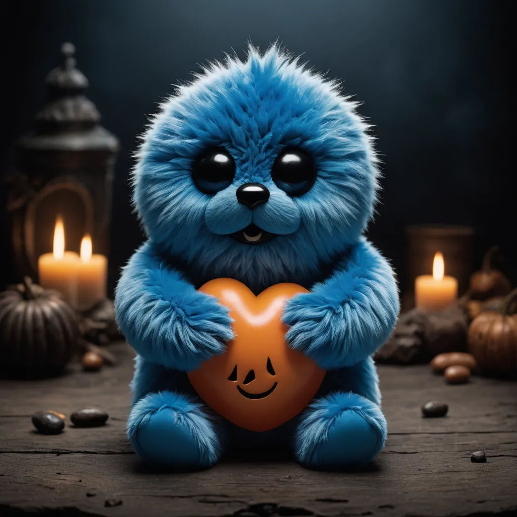 a blue teddy bear holding a heart with candles in the background and a candle holder in the foreground, shock art, a character portrait, Chris LaBrooy, dark background