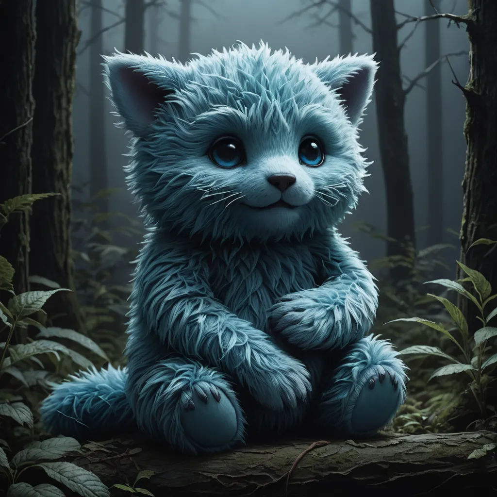 a blue furry cat sitting on a log in a forest with trees and bushes in the background, with a foggy sky, furry art, a character portrait, Chris LaBrooy, cgstudio